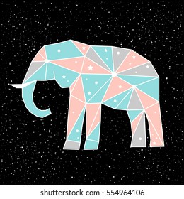 Abstract polygonal elephant isolated on black background. Side view. Blue, pink and grey elephant painted in imaginary colors for use in design for card, invitation, poster, placard, banner, t-shirt