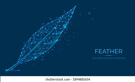 Abstract polygonal feather made of lines and dots isolated on blue background.