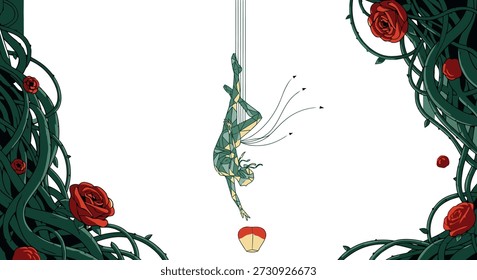 An abstract, polygonal figure hangs upside down from lines, reaching a hand towards a floating hot air balloon lantern. The scene is framed by dark green thorny rose vines with red roses against a white background.