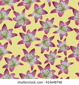 Abstract polygonal floral seamless pattern, low vector illustration with lily on the light-yellow background, perfect background for cover, card, wrapping and interior design