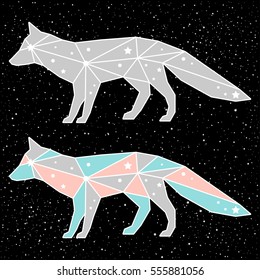 Abstract polygonal fox isolated on black background. Side view. Starry fox set painted in imaginary colors for use in design for card, invitation, poster, placard, banner, t-shirt design.