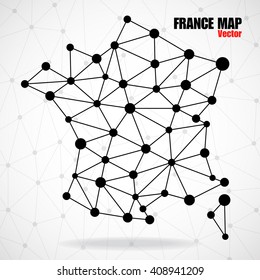 Abstract polygonal France map with dots and lines, network connections, vector illustration