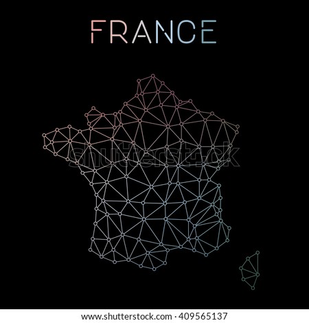 Abstract polygonal France network map design. Map of France network connections. Vector illustration.