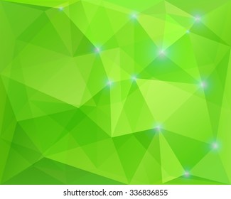 Abstract polygonal geometric background, green colored, with sparkles, in vector