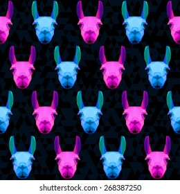 Abstract polygonal geometric bright blue and pink colored llama seamless pattern background for use in design background