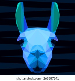 Abstract polygonal geometric bright glaring blue colored llama portrait for use in design for card, invitation, poster, banner, placard or billboard background