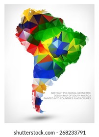 ABSTRACT POLYGONAL GEOMETRIC DESIGN MAP OF SOUTH AMERICA. PAINTED INTO COUNTRIES FLAGS COLORS.