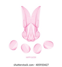 Abstract polygonal geometric linear triangle digital technique 'blend' rabbit portrait with Easter eggs on white background. Holiday postcard "Happy Easter"