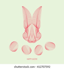 Abstract polygonal geometric linear triangle digital technique 'blend' rabbit portrait with Easter eggs. Holiday postcard "Happy Easter"