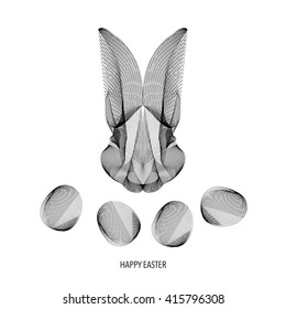 Abstract polygonal geometric linear triangle digital technique 'blend' rabbit portrait with Easter eggs. Holiday postcard "Happy Easter"