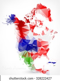 Abstract Polygonal Geometric Map of North America. Painted Into Countries Flags Colors.