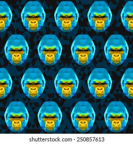 Abstract polygonal geometric triangle bright blue and yellow colored gorilla seamless pattern background for use in design