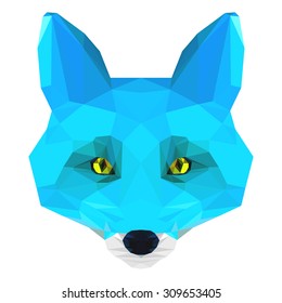 Abstract polygonal geometric triangle bright blue fox portrait isolated on white background for use in design