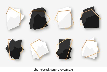 Abstract polygonal geometric white and black banner with gold line frame set. Empty template for any design. card text. Luxury decorative modern polyhedron frame element isolated vector illustration