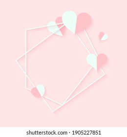 Resumen de marco geométrico geométrico geométrico poligonal blanco con corazones rosados. Plantilla de banner de texto vacío para el día de San Valentín. Marco poliedro de elemento de diseño para la tarjeta de invitación de boda. Ilustración del vector de cierre