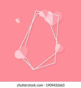 Resumen de marco geométrico geométrico geométrico poligonal blanco con corazones rosados. Plantilla de banner de texto vacío para el día de San Valentín. Marco poliedro de elemento de diseño para la tarjeta de invitación de boda. Ilustración del vector de cierre