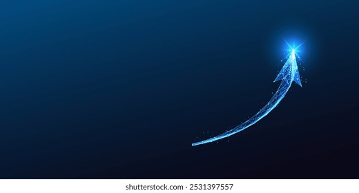 Abstract polygonal glowing arrow pointing upward on dark blue background. Growth, progress, success, innovation, and digital transformation concept. Modern connection design vector illustration.