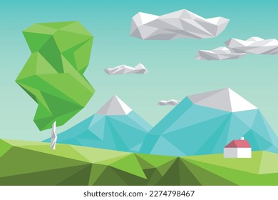 Abstract polygonal green landscape with mountains, hills, clouds and tree. Modern geometric vector
illustration.