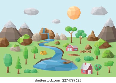 Abstract polygonal green landscape with mountains, hills, clouds, farm and trees. Modern geometric
vector illustration.