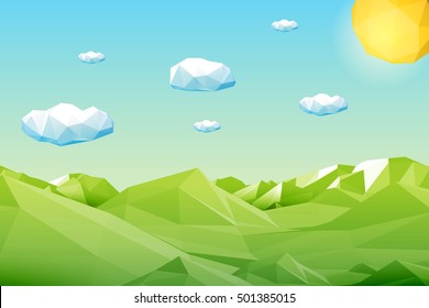 Abstract polygonal green landscape with mountains, hills, clouds and sun. Modern geometric vector illustration.