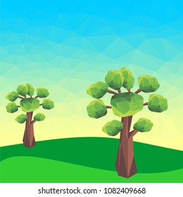 Abstract polygonal green landscape with trees on the mountain. Vector graphic background.