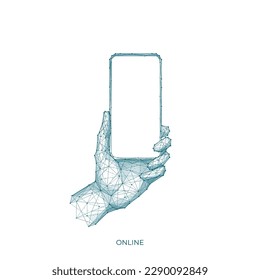 Abstract polygonal hand holding new smartphone. Isolated modern smartphone with blank screen in hand on white background. Digital and futuristic graphic style. Low poly wireframe vector illustration.
