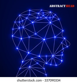 Abstract polygonal head with glowing dots and lines, network connections. Vector illustration. Eps 10