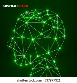 Abstract polygonal head with glowing dots and lines, network connections. Vector illustration. Eps 10