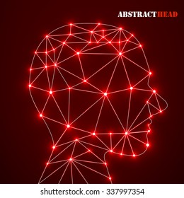 Abstract polygonal head with glowing dots and lines, network connections. Vector illustration. Eps 10
