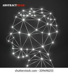 Abstract polygonal head with glowing dots and lines, network connections. Vector illustration. Eps 10