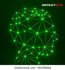 Abstract polygonal head with glowing dots and lines, network connections. Vector illustration. Eps 10
