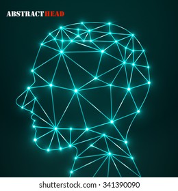 Abstract polygonal head with glowing dots and lines, network connections. Vector illustration. Eps 10