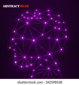 Abstract polygonal head with glowing dots and lines, network connections. Vector illustration. Eps 10
