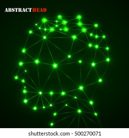 Abstract polygonal head with glowing dots and lines, network connections. Vector illustration. Eps 10