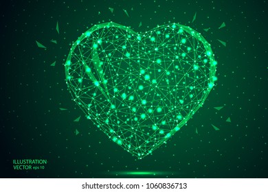 Abstract polygonal heart. Consists of points, lines, in the form of a starry sky. Vector EPS 10.