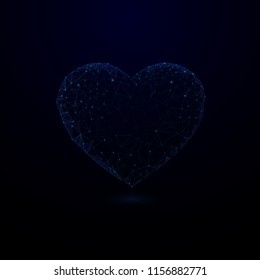 Abstract polygonal heart. in the form of a  space, consisting of points connecting network, lines and triangles, on blue background.