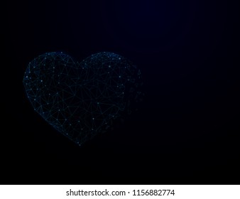Abstract polygonal heart in the form of a  space, consisting of points connecting network, lines and triangles, on blue background.