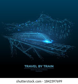 Abstract polygonal high-speed train on rail bridge in dark blue. Travel by train banner template. Transport, travelling, tourism concept. 3d digital vector illustration with lines and connected dots 
