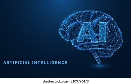 Resumen del cerebro poligonal humano Inteligencia artificial (IA) de líneas que brillan de azul sobre fondo azul. Diseño de bajo estilo polaco. fondo geométrico abstracto. Estructura de conexión de la luz del bastidor acústico. 