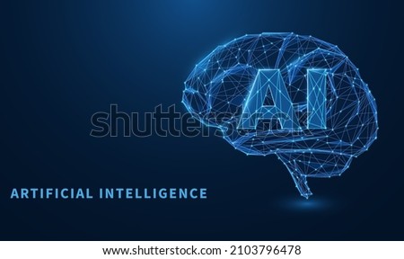 Abstract polygonal human brain Artificial intelligence (AI) from lines glowing blue on blue background. Low poly style design. abstract geometric background. Wireframe light connection structure. 