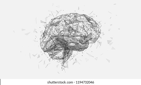 Abstract polygonal human brain. Low poly wire frame mesh vector illustration on white background. Lines and dots. Polygonal art in the form of a starry sky or space. Vector image in RGB Color mode.