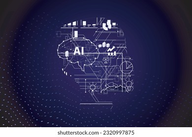 Abstract polygonal human brain. Low poly wire frame vector illustration on a dark background suitable for visualization of artificial intelligence technology