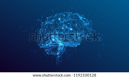 Abstract polygonal human brain. Low poly wire frame mesh vector illustration on blue background. Lines and dots. Polygonal art in the form of a starry sky or space. Vector image in RGB Color mode.