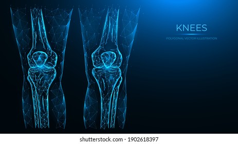 Abstrakte polygonale Illustration der Anatomie des menschlichen Knies. Röntgen von Kniegelenken aus Linien und Punkten einzeln auf blauem Hintergrund.