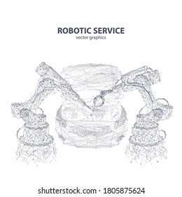 Abstract polygonal illustration of robotic arm and robotic tool repairing a car. Automatic car repair, robotic service or car manufacturing concept isolated in white. Vector automation industry sketch