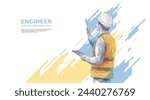 Abstract polygonal isolated engineer in technology style on a white background. Industry safety or architecture concept. Worker in white helmet holding tablet. Low poly wireframe vector illustration.