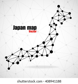 Abstract polygonal Japan map with dots and lines, network connections, vector illustration