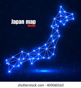 Abstract polygonal Japan map with glowing dots and lines, network connections, vector illustration, eps 10