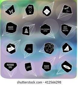 Abstract polygonal label and bubble design. Cosmic style. low poly illustration