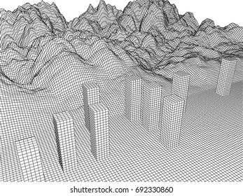 Abstract polygonal landscape and cityscape with connecting lines. Wireframe connection structure. Futuristic illustration.